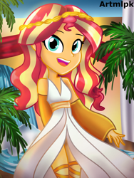 Size: 1536x2048 | Tagged: safe, artist:artmlpk, character:sunset shimmer, my little pony:equestria girls, adorable face, alternate hairstyle, beautiful, clothing, costume, crown, cute, digital art, dress, egypt, egyptian, female, goddess, greek, greek mythology, jewelry, looking at you, outfit, palm tree, redraw, regalia, shimmerbetes, smiling, smiling at you, socks, solo, thigh highs, tree, waterfall