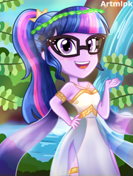 Size: 1536x2048 | Tagged: safe, artist:artmlpk, character:twilight sparkle, character:twilight sparkle (scitwi), species:eqg human, my little pony:equestria girls, adorable face, adorkable, beautiful, blushing, clothing, costume, crown, cute, design, digital art, dork, dress, female, greek, greek goddess, greek mythology, hand on hip, jewelry, leaf, looking at you, open mouth, outfit, palm leaf, palm tree, princess costume, regalia, smiling, smiling at you, solo, tree, twiabetes, waterfall