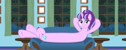Size: 1882x751 | Tagged: safe, artist:bastbrushie, character:starlight glimmer, species:pony, species:unicorn, armchair, couch, curtain, forest, long glimmer, looking at you, meme, picture, s5 starlight, smiling, table, this will end in communism, tree, window