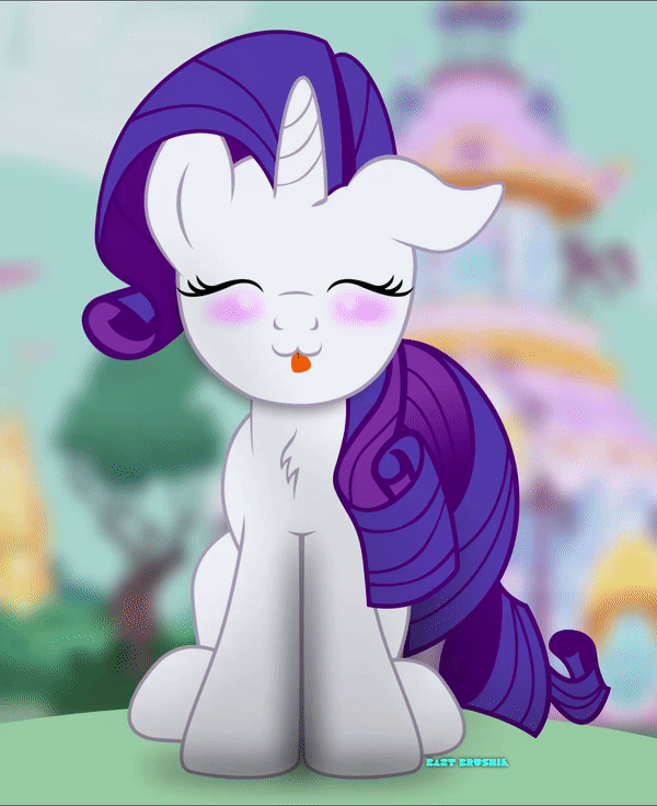 Size: 600x736 | Tagged: safe, artist:bastbrushie, part of a set, character:rarity, species:pony, :3, animated, bastbrushie is trying to kill us, blushing, carousel boutique, cute, dawwww, eyes closed, female, fluffy, full face view, gif, happy, hnnng, horn, house, rarara, silly, silly pony, sitting, solo, tail, text, tongue out, tree