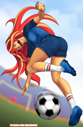 Size: 2394x3666 | Tagged: safe, artist:rambon7, character:sunset shimmer, my little pony:equestria girls, spoiler:comicequestriagirlsmarchradness, ass, bunset shimmer, butt, cleats, clothing, female, football, legs, looking down, motion blur, open mouth, sexy, shirt, shoes, shorts, soccer field, soccer shoes, socks, sports, sports shorts, t-shirt, this will end in pain, tomboy