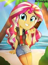 Size: 1536x2048 | Tagged: safe, artist:artmlpk, character:sunset shimmer, my little pony:equestria girls, adorable face, alternate design, alternate hairstyle, beach, beautiful, chocolate, clothing, cute, denim, denim shorts, female, food, jacket, leather jacket, looking at you, ocean, outfit, palm tree, popsicle, shimmerbetes, smiling, smiling at you, solo, tree, water