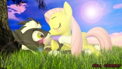 Size: 1920x1080 | Tagged: safe, artist:sky chaser, character:fluttershy, oc, oc:wolfy, species:pegasus, species:pony, species:wolf, 3d, blushing, canon x oc, female, hybrid, kissing, male, shipping, source filmmaker, straight