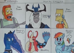 Size: 1173x849 | Tagged: safe, artist:rapidsnap, character:princess luna, character:rainbow dash, character:storm king, species:alicorn, species:human, species:pegasus, species:pony, my little pony: the movie (2017), bart simpson, crossover, ethereal mane, female, galaxy mane, hank scorpio, mare, milotic, open mouth, peytral, pokémon, six fanarts, smiling, the simpsons, traditional art