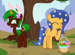 Size: 1280x948 | Tagged: safe, artist:razorbladetheunicron, base used, oc, oc only, oc:lanoga, oc:razor blade, species:earth pony, species:pony, species:unicorn, basket, bow, bunny ears, chocolate bunny, colored horn, confetti, duo, easter, easter basket, easter egg, eating, female, flower, flower in hair, hair bow, headband, holiday, horn, teenager