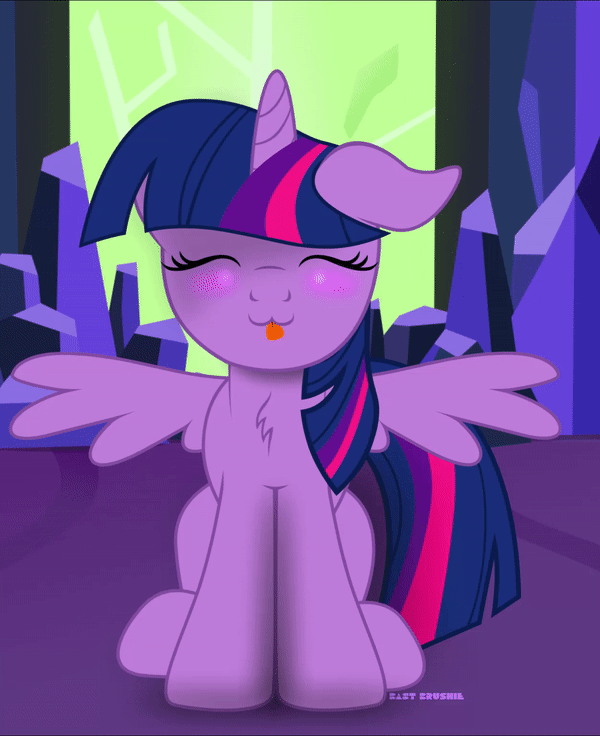 Size: 600x736 | Tagged: safe, artist:bastbrushie, part of a set, character:twilight sparkle, character:twilight sparkle (alicorn), species:alicorn, species:pony, :3, animated, bastbrushie is trying to kill us, blushing, castle, crystal, cute, dawwww, eyes closed, female, fluffy, full face view, gif, happy, hnnng, horn, house, room, silly, silly pony, sitting, solo, tail, text, tongue out, twiabetes
