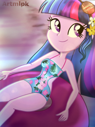 Size: 1536x2048 | Tagged: safe, artist:artmlpk, character:twilight sparkle, character:twilight sparkle (scitwi), species:eqg human, my little pony:equestria girls, adorable face, adorasexy, adorkable, alternate design, alternate hairstyle, beautiful, clothing, cute, dork, female, floatie, floaty, flower, flower in hair, hair, inflatable, inner tube, looking up, one-piece swimsuit, open-back swimsuit, outfit, pool party, smiley face, smiling, solo, sun, sunglasses, swimming pool, swimsuit