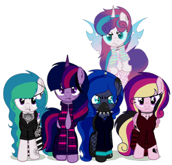 Size: 1782x1721 | Tagged: safe, artist:elementbases, artist:rukemon, base used, oc, oc only, oc:angsty emocore, oc:clausa vera, oc:misanthropy melody, oc:myringa, oc:soprano shadow, species:alicorn, species:bat pony, species:changeling, species:earth pony, species:pegasus, species:pony, species:unicorn, alicorn oc, band, bat pony alicorn, bat pony oc, bat wings, changeling oc, chinese, choker, clothing, commission, curved horn, fangs, female, fishnets, flannel, flying, heart, hoodie, horn, horn ring, jewelry, lip piercing, look-alike, markings, messy mane, multicolored hair, necklace, nose piercing, nose ring, not cadance, not celestia, not flurry heart, not luna, not twilight sparkle, piercing, raised hoof, raised leg, siblings, simple background, sisters, socks, spiked choker, striped socks, tattoo, transparent background, unamused, vampire, wall of tags, wing piercing, wings, wristband