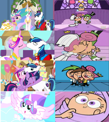 Size: 1352x1516 | Tagged: safe, artist:brandonale, edit, edited screencap, screencap, character:princess cadance, character:princess celestia, character:princess flurry heart, character:shining armor, character:twilight sparkle, character:twilight sparkle (alicorn), species:alicorn, species:pony, episode:a canterlot wedding, episode:the crystalling, episode:the one where pinkie pie knows, g4, my little pony: friendship is magic, comparison, cosmo, cosmo cosma, fairly odd parents, lip to lip contact, poof (fop), timmy turner, wanda, wanda fairywinkle