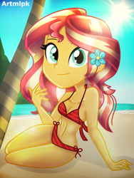 Size: 1536x2048 | Tagged: safe, artist:artmlpk, character:sunset shimmer, my little pony:equestria girls, adorable face, adorasexy, adorkable, bare shoulders, beach, beautiful, bikini, breasts, chest, cleavage, clothing, cute, digital art, dork, female, flower, flower in hair, hawaii, island, looking at you, ocean, outfit, palm tree, plant, sexy, smiley face, smiling, smiling at you, solo, swimsuit, tree, two piece swimsuit, vacation, water