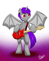 Size: 560x700 | Tagged: safe, artist:slypon, oc, oc only, oc:valik, species:bat pony, species:pony, species:unicorn, bat wings, commission, digital art, guitar, horn, hybrid, male, microphone, musical instrument, solo, stallion, standing, tail, wings