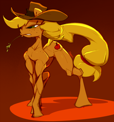 Size: 696x750 | Tagged: safe, artist:slypon, character:applejack, species:earth pony, species:pony, applejacked, clothing, cowboy hat, cutie mark, digital art, female, hat, mare, muscles, solo, straw in mouth