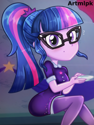Size: 1536x2048 | Tagged: safe, artist:artmlpk, character:twilight sparkle, character:twilight sparkle (scitwi), species:eqg human, episode:twilight under the stars, g4, my little pony: equestria girls, my little pony:equestria girls, spoiler:eqg series (season 2), adorable face, adorkable, beautiful, blushing, clothing, confused, cute, digital art, dork, dress, female, holding, looking at you, outfit, ponytail, question mark, sitting, smiling, smiling at you, solo