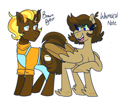 Size: 1826x1462 | Tagged: safe, artist:cubbybatdoodles, oc, oc only, oc:brown butter, oc:whimsical note, parent:derpy hooves, parent:doctor whooves, parent:time turner, parents:doctorderpy, species:pegasus, species:pony, species:unicorn, apron, brother, brother and sister, clothing, duo, female, freckles, looking at each other, male, mare, offspring, redesign, shirt, siblings, simple background, sister, smiling, stallion, transparent background, twins