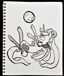 Size: 800x941 | Tagged: safe, artist:shoeunit, character:princess luna, species:alicorn, species:pony, black and white, bow, female, grayscale, ink drawing, mare, monochrome, sailor moon, sailor scout, solo, traditional art