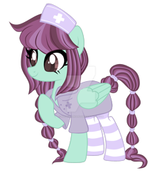 Size: 1280x1404 | Tagged: safe, artist:magicdarkart, oc, oc only, species:pegasus, species:pony, clothing, deviantart watermark, female, mare, nurse outfit, obtrusive watermark, simple background, socks, solo, striped socks, thigh highs, transparent background, watermark