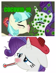 Size: 3106x4096 | Tagged: safe, artist:proponypal, edit, edited screencap, screencap, character:coco pommel, character:rarity, episode:the saddle row review, g4, my little pony: friendship is magic, bad end, bust, chest fluff, coronavirus, covid-19, covidiots, edited edit, floppy ears, flu, ice pack, messy mane, not cool, portrait, red nosed, scrunchy face, sick, sneezing, thermometer, this will end in death, this will end in tears, this will end in tears and/or death, why