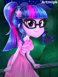Size: 1536x2048 | Tagged: safe, artist:artmlpk, character:twilight sparkle, character:twilight sparkle (scitwi), species:eqg human, my little pony:equestria girls, adorable face, adorkable, beautiful, bench, beret, clothing, cute, design, digital art, dork, dress, fashion, female, hat, looking at you, outfit, park, park bench, ponytail, smiling, smiling at you, solo, twiabetes
