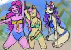 Size: 832x580 | Tagged: safe, artist:elisdoominika, character:fluttershy, character:pinkie pie, character:rarity, species:anthro, species:earth pony, species:pegasus, species:pony, species:unicorn, armpits, beach, bedroom eyes, bikini, breasts, busty fluttershy, busty rarity, clothing, sketch, smiling, swimsuit