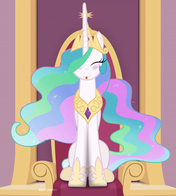 Size: 600x668 | Tagged: safe, artist:bastbrushie, part of a set, character:princess celestia, species:alicorn, species:pony, :3, animated, bastbrushie is trying to kill us, blushing, canterlot, castle, cute, cutelestia, dawwww, eyes closed, female, full face view, gif, happy, hnnng, horn, house, room, sillestia, silly, silly pony, sitting, solo, tail, text, throne, tongue out, weapons-grade cute