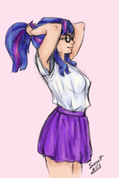 Size: 905x1351 | Tagged: safe, artist:elisdoominika, character:twilight sparkle, character:twilight sparkle (scitwi), species:eqg human, species:human, my little pony:equestria girls, armpits, clothing, cute, female, glasses, humanized, ponytail, shirt, simple background, skirt, solo, standing, twiabetes