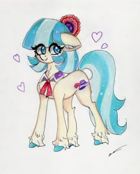 Size: 2301x2869 | Tagged: safe, artist:luxiwind, character:coco pommel, species:earth pony, species:pony, cocobetes, cute, ear fluff, female, floppy ears, heart, high res, smiling, solo, traditional art, unshorn fetlocks