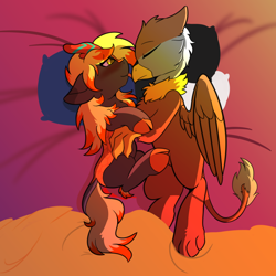 Size: 1080x1080 | Tagged: safe, artist:aurorafang, oc, oc only, oc:electra pleiades, oc:peregrine, species:griffon, species:kirin, species:pony, bed, couple, electragrine, kissing, licking, love, tongue out