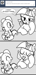 Size: 891x1822 | Tagged: safe, artist:mamatwilightsparkle, character:spike, character:twilight sparkle, species:pony, species:unicorn, baby, baby spike, comic, diaper, duo, funny face, giggling, mama twilight, monochrome, tongue out, tumblr, tumblr:mama twilight sparkle, younger