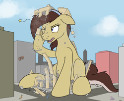 Size: 2468x2014 | Tagged: safe, artist:rapidstrike, oc, oc:lucy, species:earth pony, species:pony, building, city, context is for the weak, destruction, female, giant pony, implied growth, macro, mare, one eye closed, open mouth, sitting, solo