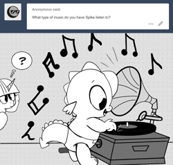 Size: 896x853 | Tagged: safe, artist:mamatwilightsparkle, character:spike, character:twilight sparkle, baby, baby spike, comic, curious, diaper, mama twilight, monochrome, music, music notes, record, record player, tumblr, tumblr:mama twilight sparkle, younger