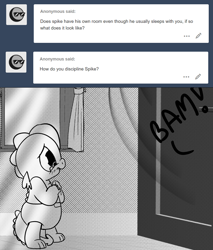 Size: 896x1050 | Tagged: safe, artist:mamatwilightsparkle, character:spike, character:twilight sparkle, species:dragon, abuse, baby, baby spike, comic, crying, curtains, diaper, door slam, implied twilight sparkle, mama twilight, monochrome, offscreen character, spikeabuse, time out, tumblr, tumblr:mama twilight sparkle, window, younger