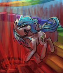 Size: 1800x2088 | Tagged: safe, artist:elisdoominika, oc, species:earth pony, species:pony, blue mane, grey body, hell, laughing, open mouth, rainbow, red light, running, smiling, solo, stairs, teeth