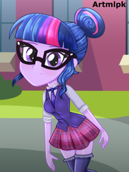 Size: 1536x2048 | Tagged: safe, artist:artmlpk, character:twilight sparkle, character:twilight sparkle (scitwi), species:eqg human, my little pony:equestria girls, adorable face, adorkable, beautiful, blushing, clothing, cute, design, digital art, dork, female, hair bun, looking at you, miniskirt, nerd, outfit, skirt, smiling, smiling at you, socks, solo, thigh highs, twiabetes, walking