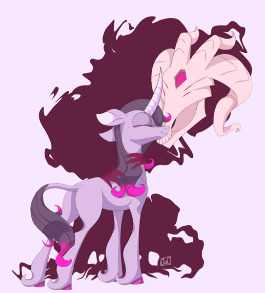 Size: 543x600 | Tagged: safe, artist:ogaraorcynder, artist:szafir87, community related, character:fhtng th§ ¿nsp§kbl, character:oleander, species:classical unicorn, species:pony, species:unicorn, them's fightin' herds, animated, blushing, butt, cloven hooves, curved horn, cute, demon, eyes closed, female, floppy ears, fredeander, gif, horn, interspecies, leonine tail, male, mare, noseboop, nuzzling, pink background, plot, shadow, shipping, simple background, skull, smiling, tail wag, unshorn fetlocks, white background
