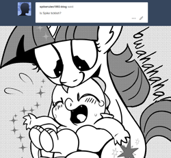 Size: 896x828 | Tagged: safe, artist:mamatwilightsparkle, character:spike, character:twilight sparkle, species:dragon, species:pony, species:unicorn, comic, crying, happy, laughing, mama twilight, monochrome, spikelove, tears of laughter, tickling, tumblr, tumblr:mama twilight sparkle