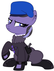 Size: 1780x2347 | Tagged: safe, artist:rukemon, oc, oc only, oc:lunal guard, species:earth pony, species:pony, belt, beret, bomber jacket, boots, clothing, commission, ear piercing, earring, female, gun, handgun, hat, holster, jacket, jewelry, mare, pants, piercing, pistol, raised hoof, shirt, shoes, simple background, sitting, solo, transparent background, unamused, watch, weapon, wristwatch
