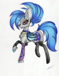 Size: 2403x3101 | Tagged: safe, artist:luxiwind, oc, oc:navy, species:bat pony, species:pony, bandage, bat pony oc, bat wings, clothing, cute, female, high res, mare, ponytail, red eyes, scar, socks, solo, stockings, thigh highs, traditional art, wings