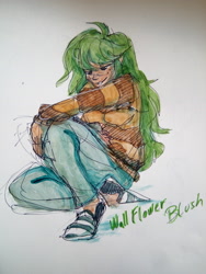 Size: 3120x4160 | Tagged: safe, artist:elisdoominika, character:wallflower blush, species:human, my little pony:equestria girls, clothing, female, green hair, human coloration, jeans, pants, sitting, smiling, solo, sweater, traditional art, watercolor painting