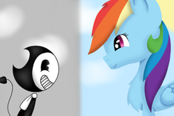 Size: 1500x1000 | Tagged: safe, artist:rainbow dash is best pony, character:rainbow dash, species:pegasus, species:pony, autistic, bendy, bendy and the ink machine, chest fluff, cloud, grayscale, happy, monochrome, smiling, split screen, sun