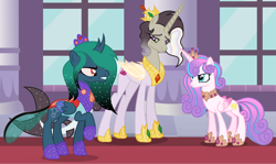 Size: 1280x761 | Tagged: safe, artist:razorbladetheunicron, base used, character:princess flurry heart, oc, oc:princess serpentine whisper, oc:princess zenith, parent:discord, parent:pharynx, parent:princess cadance, parent:princess celestia, parent:princess luna, parent:shining armor, parents:dislestia, parents:lunarynx, parents:shiningcadance, species:alicorn, species:changepony, species:pony, lateverse, canterlot castle, colored wings, crown, draconequus hybrid, gemstones, gradient hair, gradient wings, hybrid, interspecies offspring, jewelry, next generation, offspring, princess, regalia, shark tail, wings