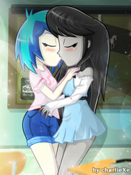 Size: 650x866 | Tagged: safe, artist:charliexe, character:dj pon-3, character:octavia melody, character:vinyl scratch, species:pony, species:unicorn, ship:scratchtavia, my little pony:equestria girls, beautiful, belt, black hair, blushing, boombox, clothing, denim shorts, dress, eyes closed, female, girly girl, kissing, lesbian, sexy, shipping, shirt, short hair, shorts, t-shirt, tomboy, watermark