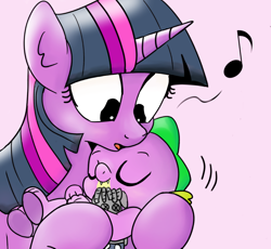 Size: 1280x1179 | Tagged: safe, artist:mamatwilightsparkle, character:smarty pants, character:spike, character:twilight sparkle, species:dragon, species:pony, species:unicorn, baby, baby spike, lullaby, mama twilight, singing, tumblr, tumblr:mama twilight sparkle, younger