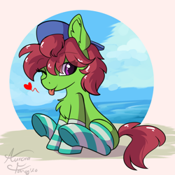Size: 2000x2000 | Tagged: safe, artist:aurorafang, oc, oc only, oc:southpaw haymaker, species:earth pony, species:pony, backwards ballcap, baseball cap, beach, blep, blepping, cap, chest fluff, clothing, cute, earth pony oc, hat, socks, solo, striped socks, tongue out