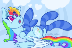 Size: 1920x1280 | Tagged: safe, artist:shad0w-galaxy, character:rainbow dash, species:pegasus, species:pony, clothing, cute, female, lying down, mare, simple background, socks, stockings, striped socks, thigh highs
