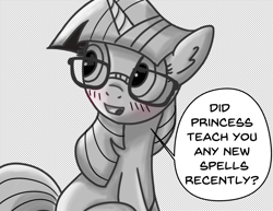 Size: 896x692 | Tagged: safe, artist:mamatwilightsparkle, character:moondancer, species:pony, species:unicorn, comic, glasses, monochrome, offscreen character, tumblr, tumblr:mama twilight sparkle, younger
