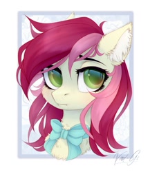 Size: 1200x1380 | Tagged: safe, artist:vird-gi, character:roseluck, species:earth pony, species:pony, abstract background, bow tie, bust, cheek fluff, chest fluff, colored pupils, cute, cuteluck, ear fluff, female, fluffy, mare, portrait, signature, solo