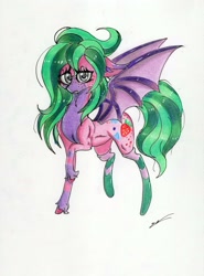 Size: 1280x1733 | Tagged: safe, artist:luxiwind, oc, oc:fraise, species:bat pony, bat pony oc, bat wings, clothing, cute, female, high res, silver eyes, socking, socks, solo, traditional art, wings