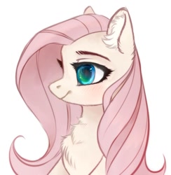 Size: 918x942 | Tagged: safe, artist:vird-gi, character:fluttershy, species:pegasus, species:pony, blushing, bust, chest fluff, cute, ear fluff, female, mare, profile, shyabetes, simple background, solo, white background
