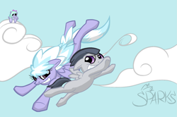 Size: 1427x945 | Tagged: safe, artist:elslowmo, artist:sparks, character:cloudchaser, character:flitter, character:rumble, species:pegasus, species:pony, cloud, colt, duo focus, female, flying, grin, male, mare, signature, sky, smiling, spread wings, underhoof, wings