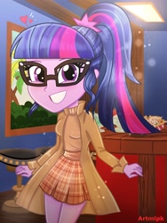 Size: 1536x2048 | Tagged: safe, artist:artmlpk, character:twilight sparkle, character:twilight sparkle (scitwi), species:eqg human, my little pony:equestria girls, adorable face, adorkable, beautiful, blushing, clothing, coat, cute, design, digital art, dork, female, looking at you, outfit, plaid, plaid skirt, shirt, smiley face, smiling, smiling at you, solo, sweater, turtleneck, twiabetes